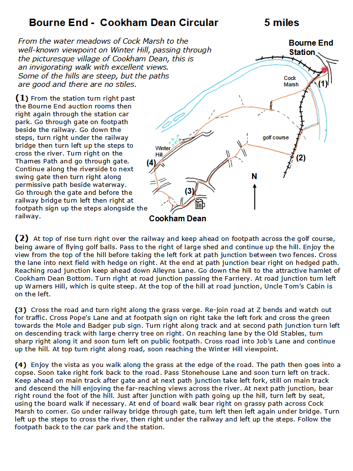 map and instructions for Walk from Railway Station Bourne End and Cookham Dean Circular