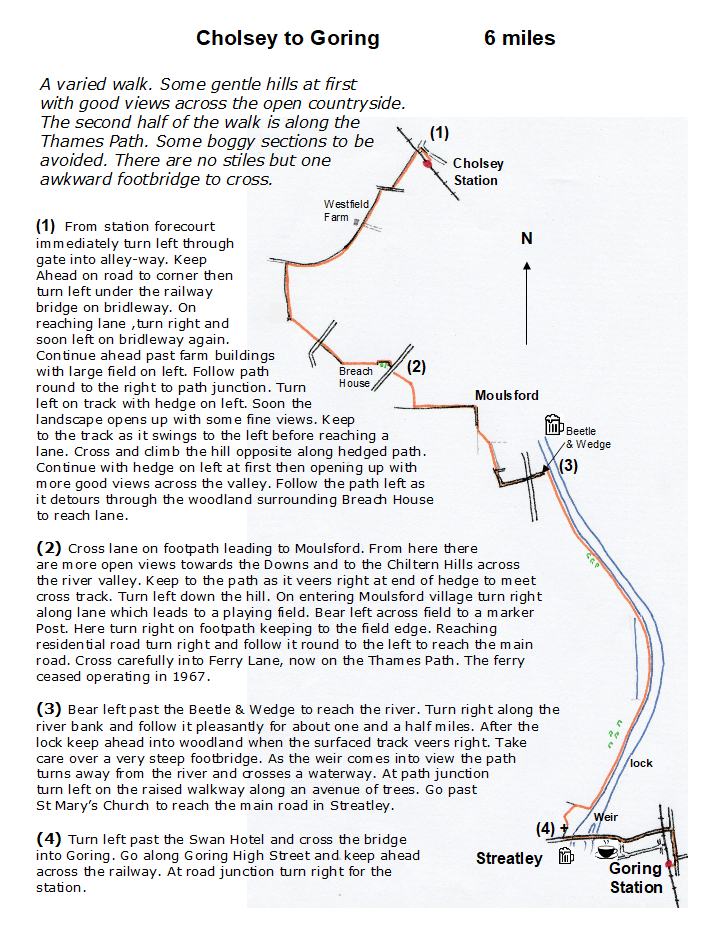 map and instructions for Walk from Railway Station Cholsey to Goring