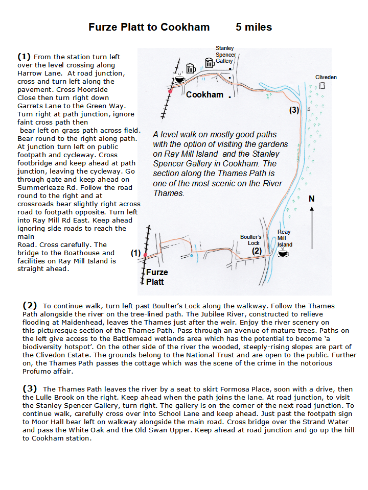 map and instructions for Walk from Railway Station Furze Platt to Cookham