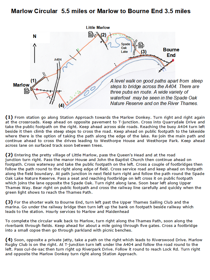 map and instructions for Walk from Railway Station Marlow Circular