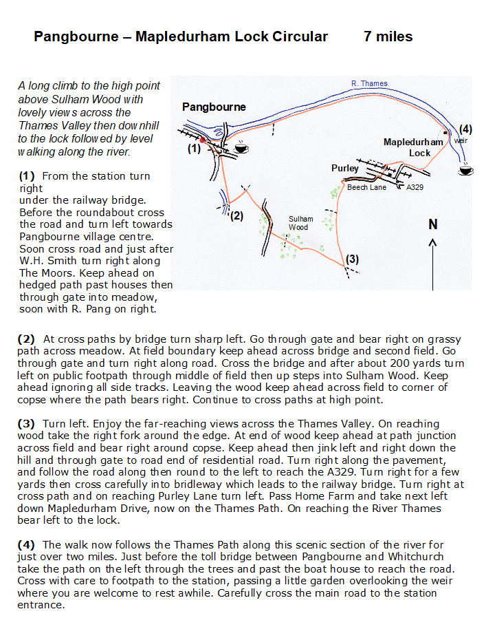 map and instructions for Walk from Railway Station Pangbourne and Mapledurham Lock Circular