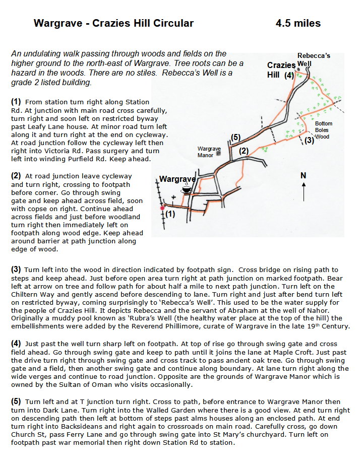 map and instructions for Walk from Railway Station Wargrave and Crazies Hill Circular