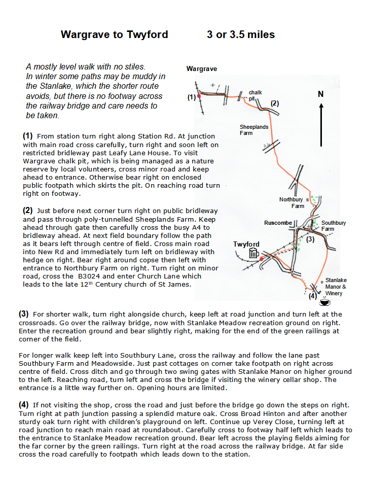 map and instructions for Walk from Railway Station Wargrave to Twyford